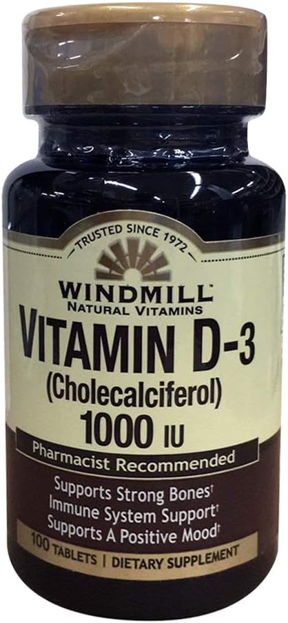Windmill ויטמינים טבעיים ויטמין D-3 Cholecalciferol 1000IU Dietary תוספי 100 טבליות (Pack of 2)