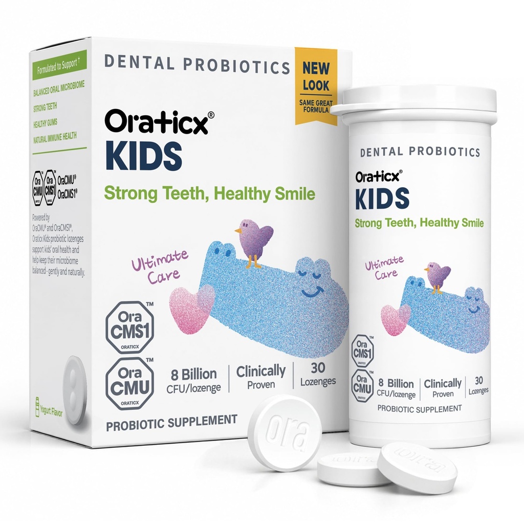 OraTicx Kids Dental Probiotics for Anti-Cavity + שיניים בריאות וחניכיים, 8 מיליארד CFU Probiotics לבריאות הפה, Yogurt Flavor 1-PK