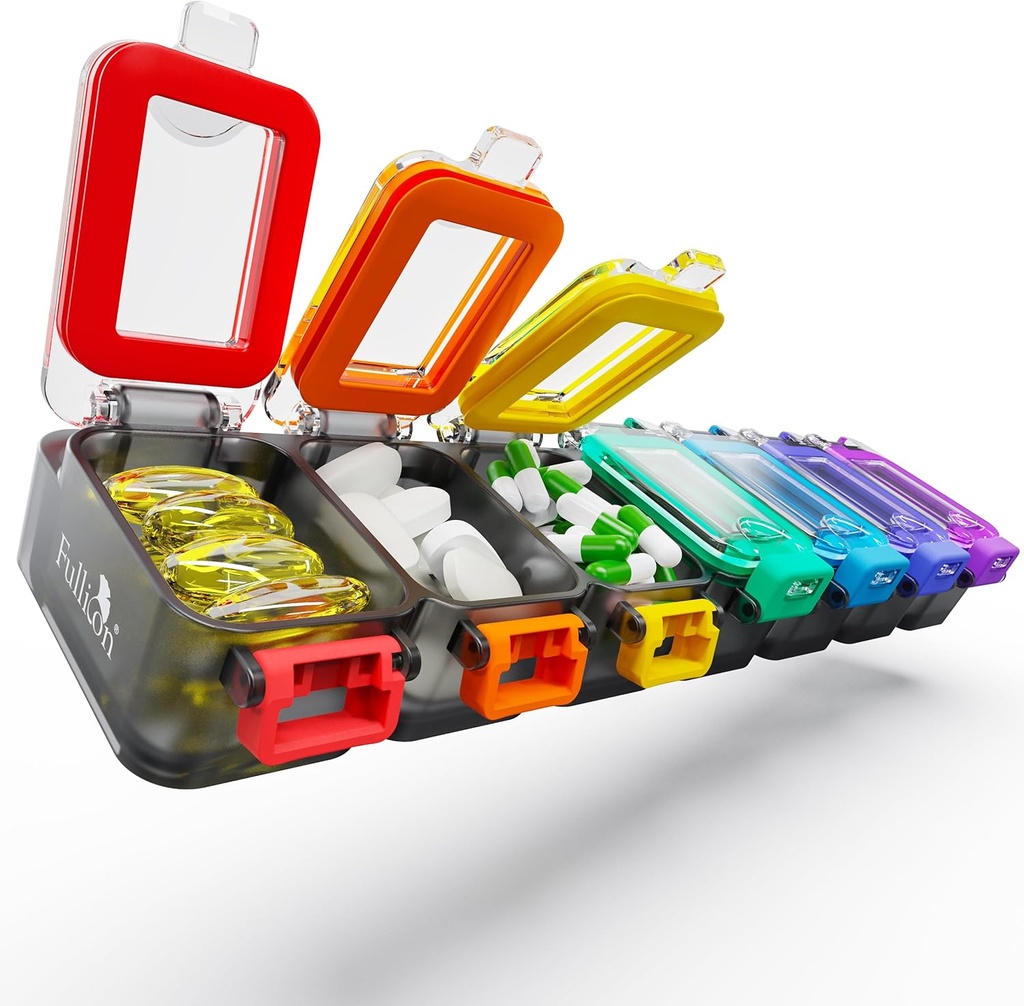 Fullicon Weekly Pill Productionser 7 Day Ultra Moisture ו- Spill Proof Pill Box, Large Medicine Case with Secure Buckle, קומפקטית Travel Pill Container for Pill, הויטמינים והדגים (Rainbow Black)