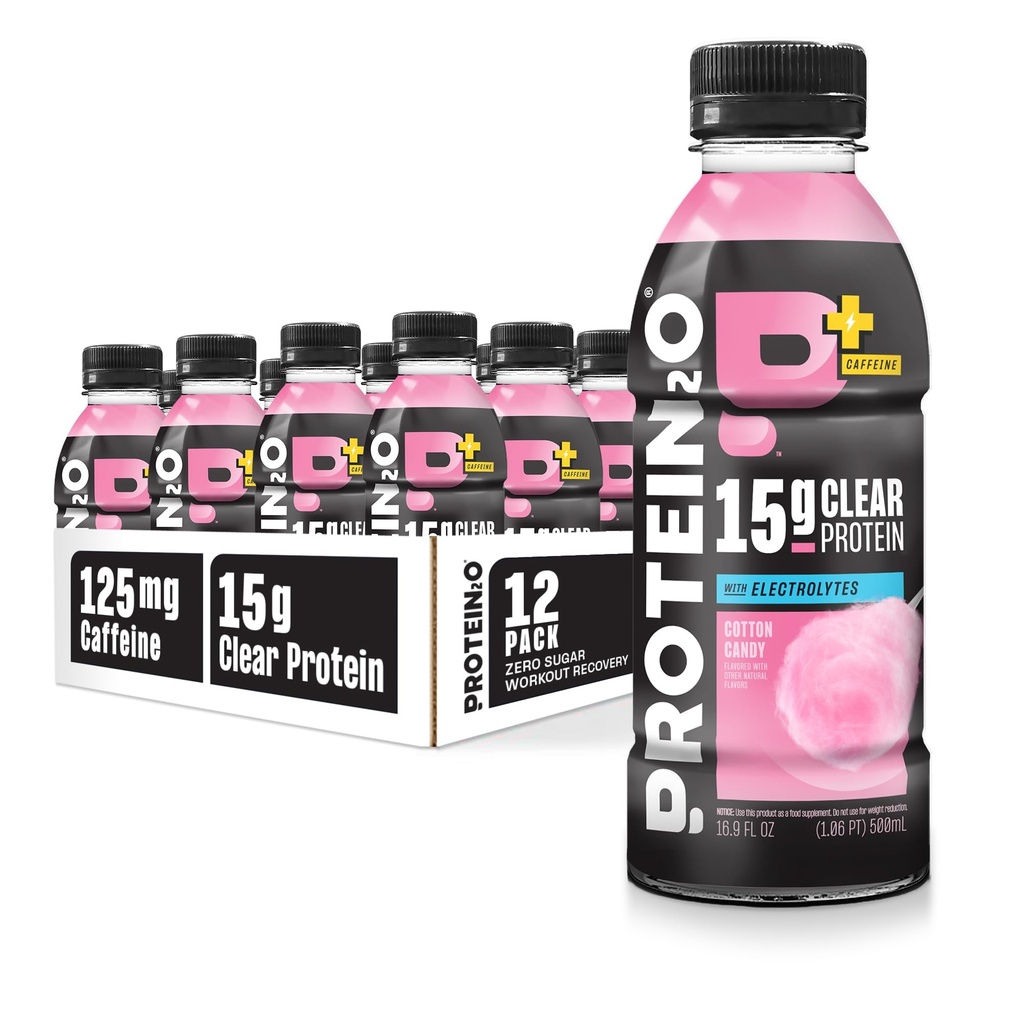 חלבון2o 15g חלבון Isolate שתייה פלוס אנרגיה & פוקוס, 350mg של אלקטרוליטים, ויטמינים B5 & B6, סוכר חינם, כותנה ממתקים, 16.9 oz בקבוק (Pack של 12)