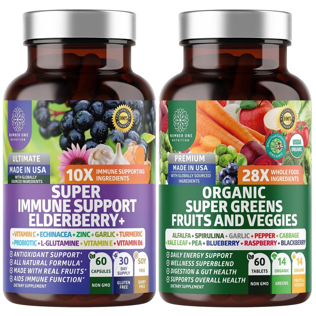 N1N Premium אורגני Super Fruits & Veggies + Immune Support[38 Powerful Ingredients], Natural Super Greens תוסף עם אלפאפריה, ויטמינים ומינרלים, Zinc, Turmeric ו Probiotic, 120 Capss