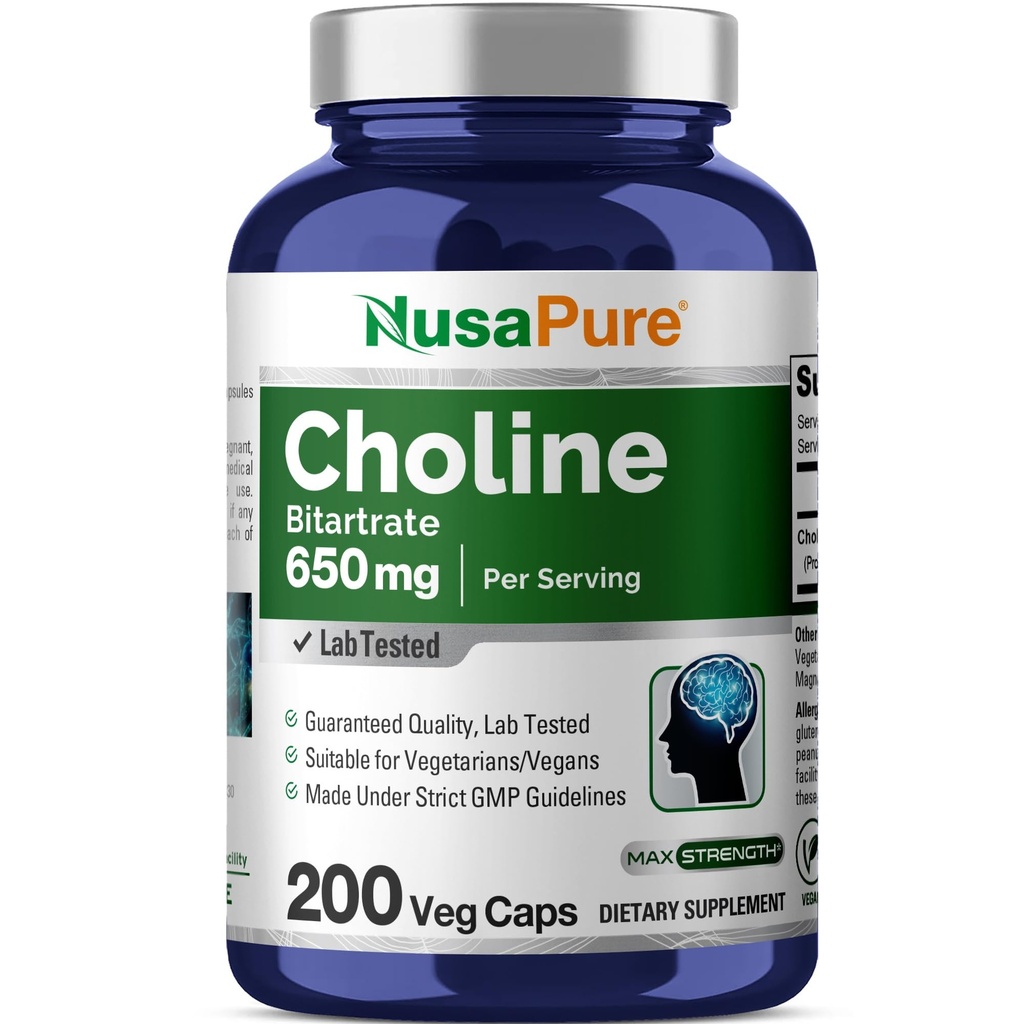 NusaPure Choline Bitartrate 650 מ"ג 200 קפסולות Veggie (Vegetarian, non-GMO, טבעוני)
