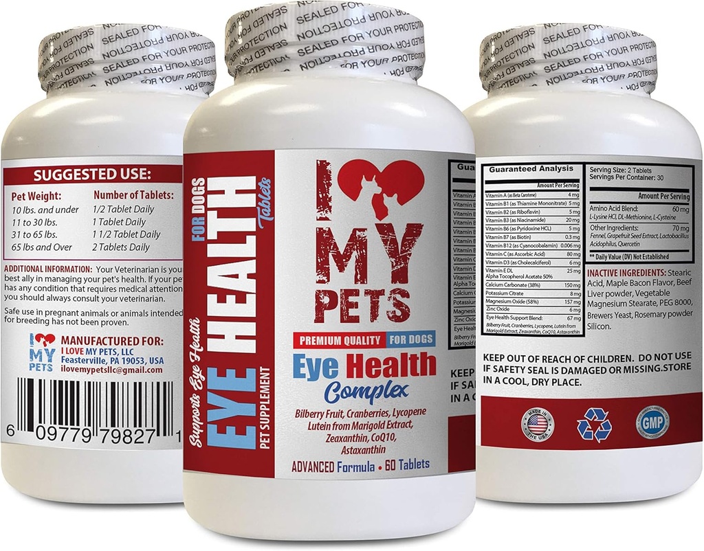 I Love My PETS LLC Dog Eye Complex - All Eye Health Complex - Premium Formula - Vet המומלצת - כלב Lutein - 1 בקבוק (60 טיפולים)