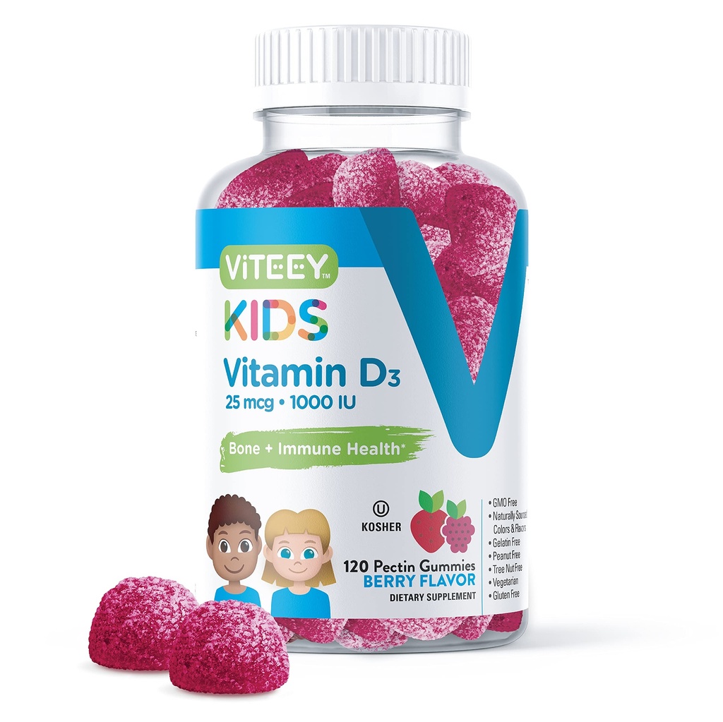 Viteey ויטמין D3 Kids Gummies 25mcg 1000 IU - בריאות העצם, Immune בריאות, תמיכה שרירים משותפת - Vegetarian, Gelatin חינם, Gluten Free, GMO חינם - Tasty Chewable ברי פלבדורed