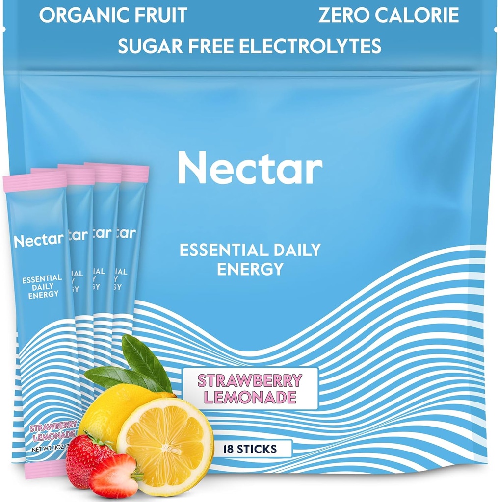 Nectar אנרגיה Booster - אורגני Caffeine, B12 & אלקטרוליטים - סוכר חינם & Zero Calorie - קפה בריא, משקאות אנרגיה ו-Soda Alternative - הידרציה ואנרגיה (Straw. Lemonade 18 Packets)