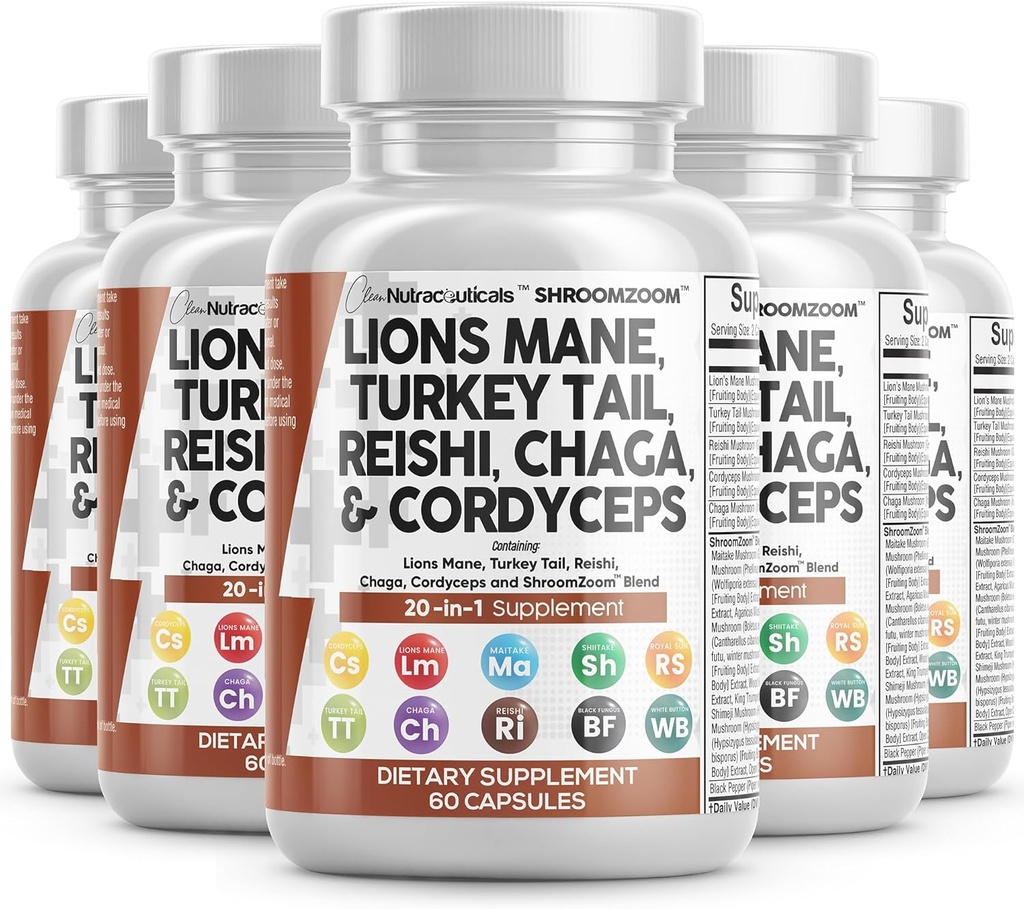 Clean Nutraceuticals Lions Mane 20in1 Mushroom Supplement with Turkey Tail Reishi Cordyceps Chaga Maitake Meshima Poria Cocos Shiitake Oyster Porcini Enoki (5)