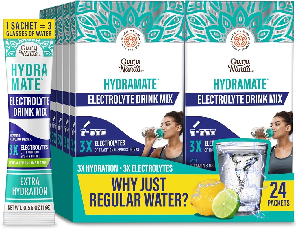 GuruNandahydration Support drink Mix - אלקטרוליט אבקת Packets עבור Dehydration, פעילות גופנית ואנרגיה - לא תוספת Sweeteners, non-GMO, לימון טבעי Lime Flavor - 24 Count (0.56 oz כל אחד)