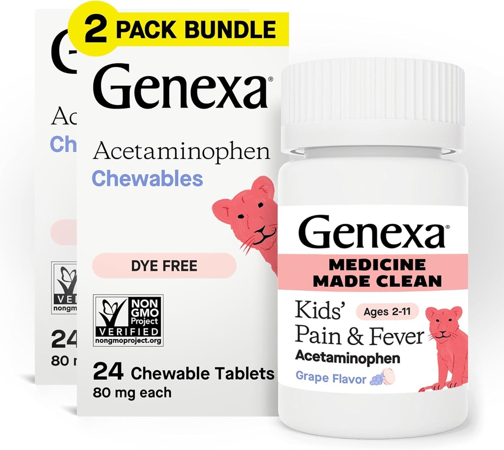 Genexa Kids' נקיים Pain & Fever Acetaminophen Chewables, Dye Free, 0% תוספת מלאכותית, טעים Grape Flavor, תרופה צ'רצה לילדים 2-11, 80 מ"ג לכל Tablet, 48ct (2 Pack)