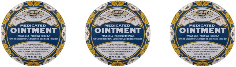 Rawleigh Medicated Ointment: 4.5 oz Blue Tin, צ'סטר צ'סט רוב עבור Cold, Nasalונגestion, Small Aches & Pain, עם קמפור, Menthol & Eucalyptus, non-Gry Formula - חבילת של 3 3