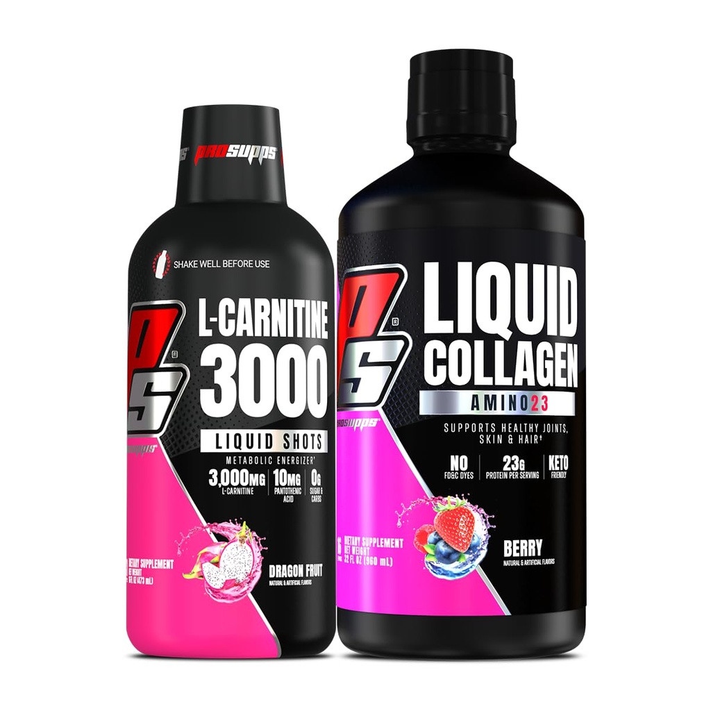 ProSUPPS L-Carnitine 3000 Stimulant Free Shots (פרי דראגון) Amino23 נוזל קולאזן יריות (Berry) Bundle