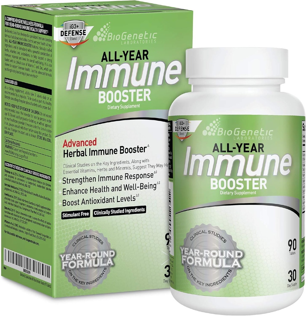 מעבדות ביו-Genetic Immune Booster עם Elderberry, ויטמין C, ויטמין A, ויטמין D, ו- Zinc - Multi-System Immune Defense and Herbal Immune Support - שנת-Round Potent Support (90 קפסולות)