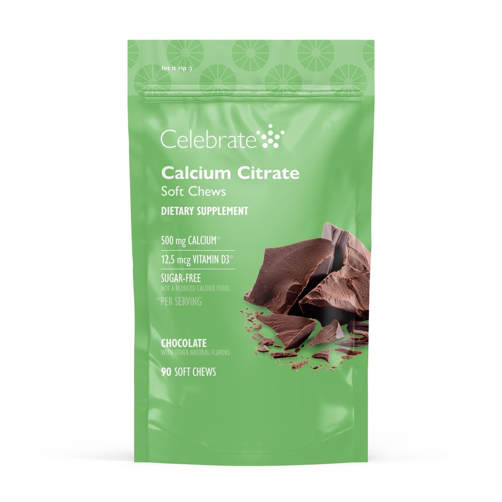 חוגגים ויטמין Bariatric 500 מ"ג Calcium Citrate Chews עם 500 IU ויטמין D3 - Essential for Gastric Bypass חולים & Bone Health - Sugar & Gluten Free, שוקולד (90 צ'רדס)