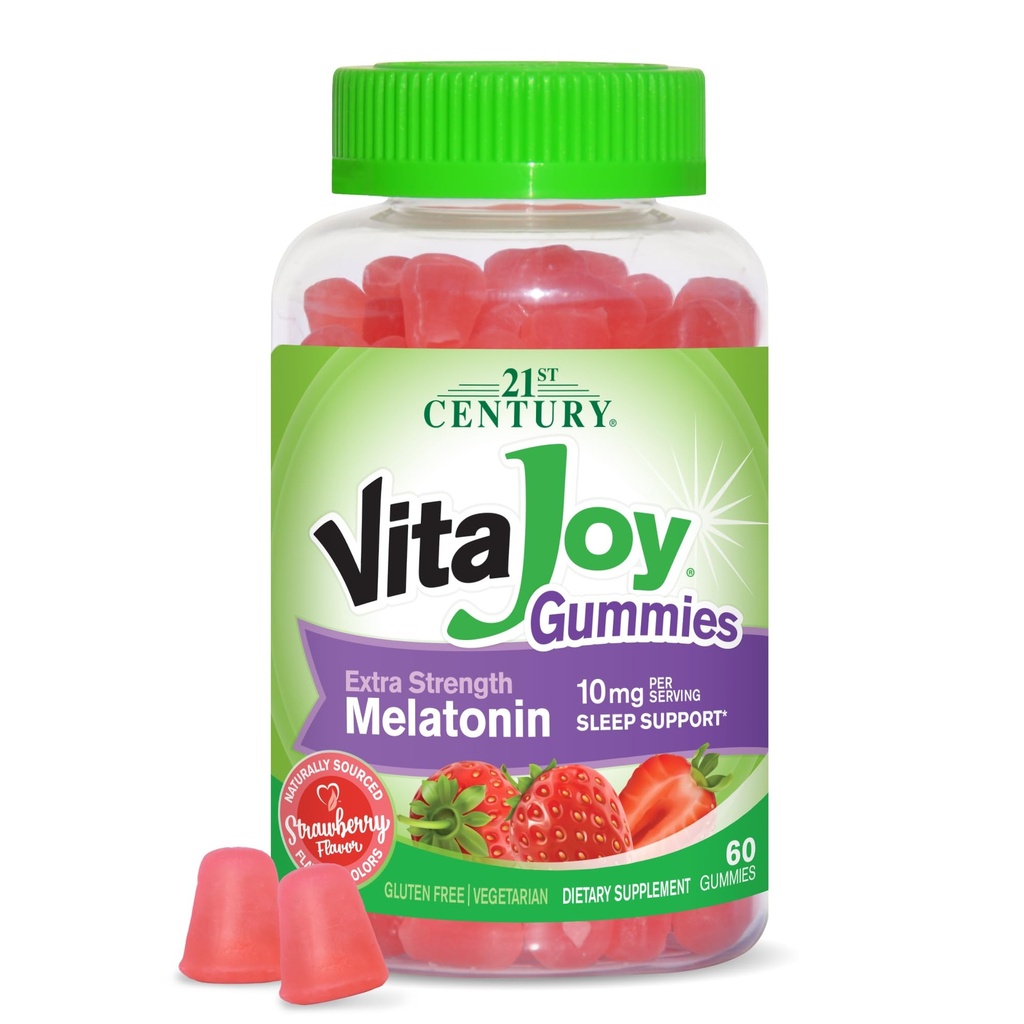 21st Century Healthcare VitaJoy תוספת כוח מלטונין 10 מ"ג מסטיקנים, סטרוברי, 60 Count, Red, 0.43 פאונד (Pack of 1)