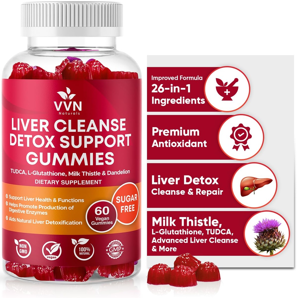 VVNaturals Sugar-Free 26-in-1 Liverse Detox & Fix Fatty Liver Formulamies; 3000 מ"ג של Glutathione, Silymarin Milk Thistle, Choline, TUDCA | Liver Detoxmies - 60 טבעוני Ct