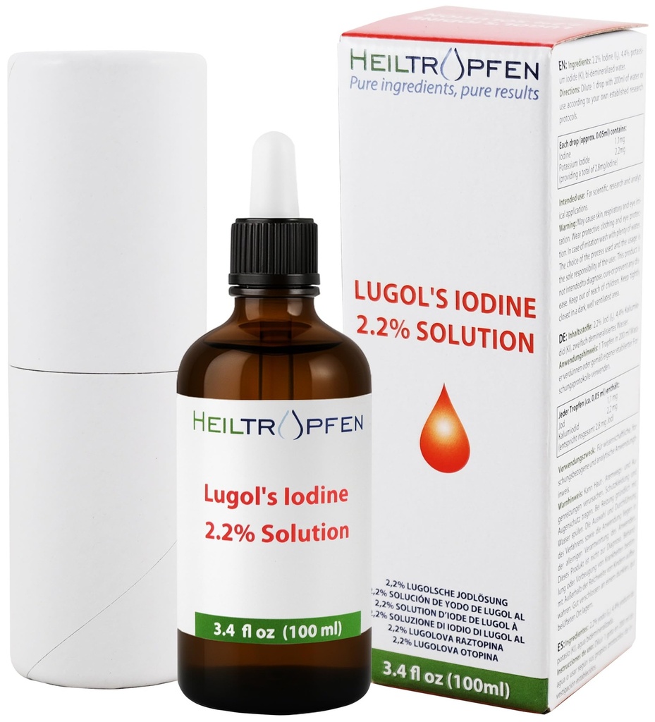 2.2% הפתרון של Lugol של Iodine 3.4 Fl Oz | תרופות כיתה ingredients | Lugols Solution Made with Iodine ו- Potassium Iodide. Heiltropfen®