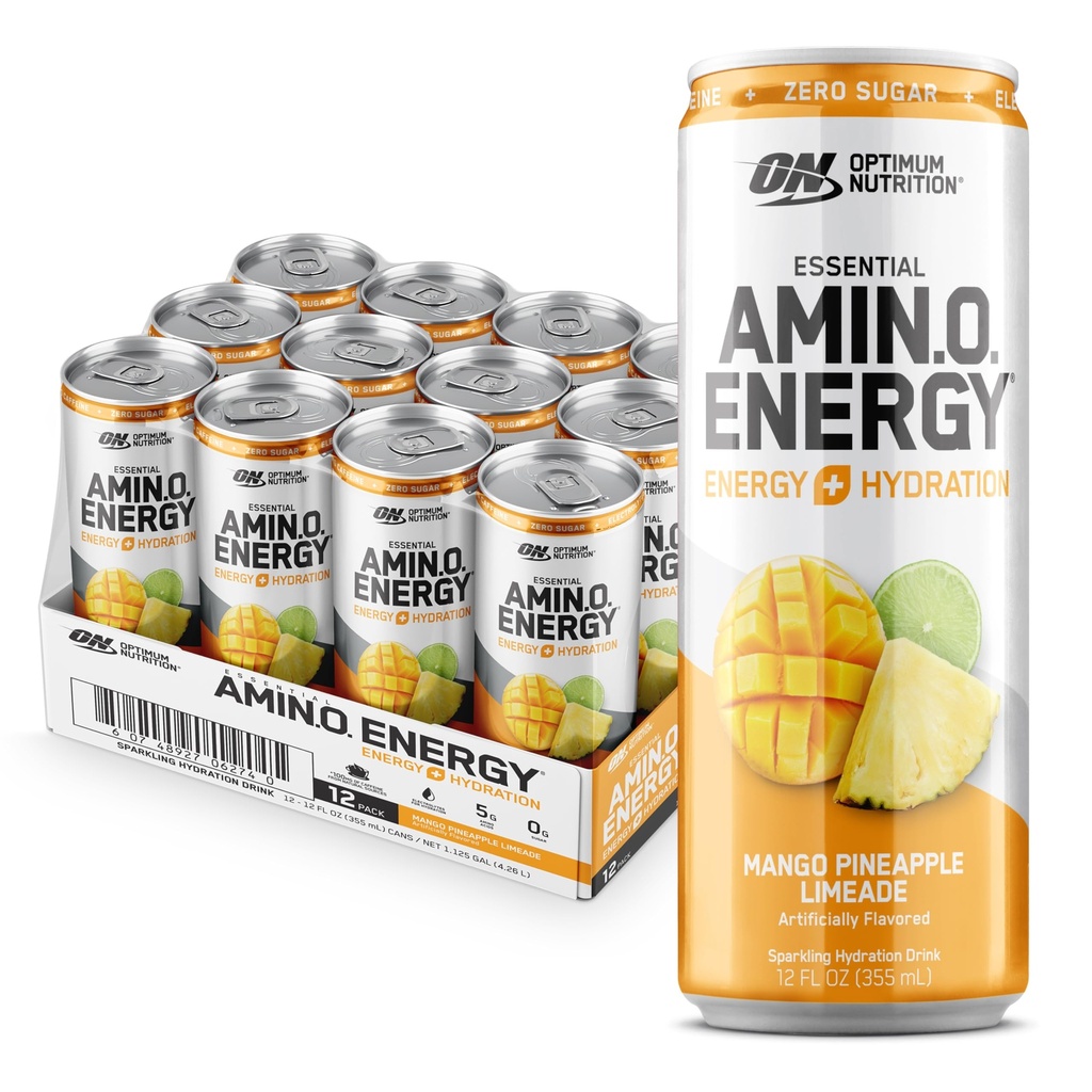 Optimum Nutrition Amino Energy Sparkling hydrotion לשתות, Electrolytes, Caffeine, Amino Acids, BCAAs, סוכר חינם, מנגו Pineapple Limeade, 12 Fl Oz, 12 Pack (Packaging May Vary)