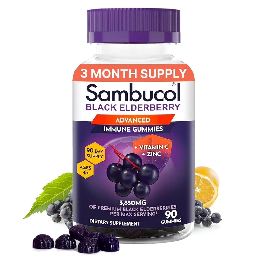 סמבוקול קדמיות למבוגרים עם ויטמין C; Zinc; Sambucus Elderberry Gummies for Immune Support with High Antioxidants; Gluten Free; טבעוני; 1 Gummy Per Serve; Count (90 יום אספקה)