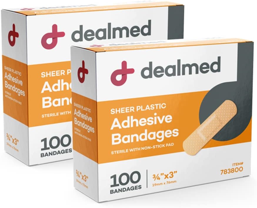 Dealmed Sheer פלסטיק גמישות Adhesive Bandages - 100 Count (2 Pack) Bandages עם Non-Stick Pad,  Latex Free, Wound Care for First Aid Kit, 3
