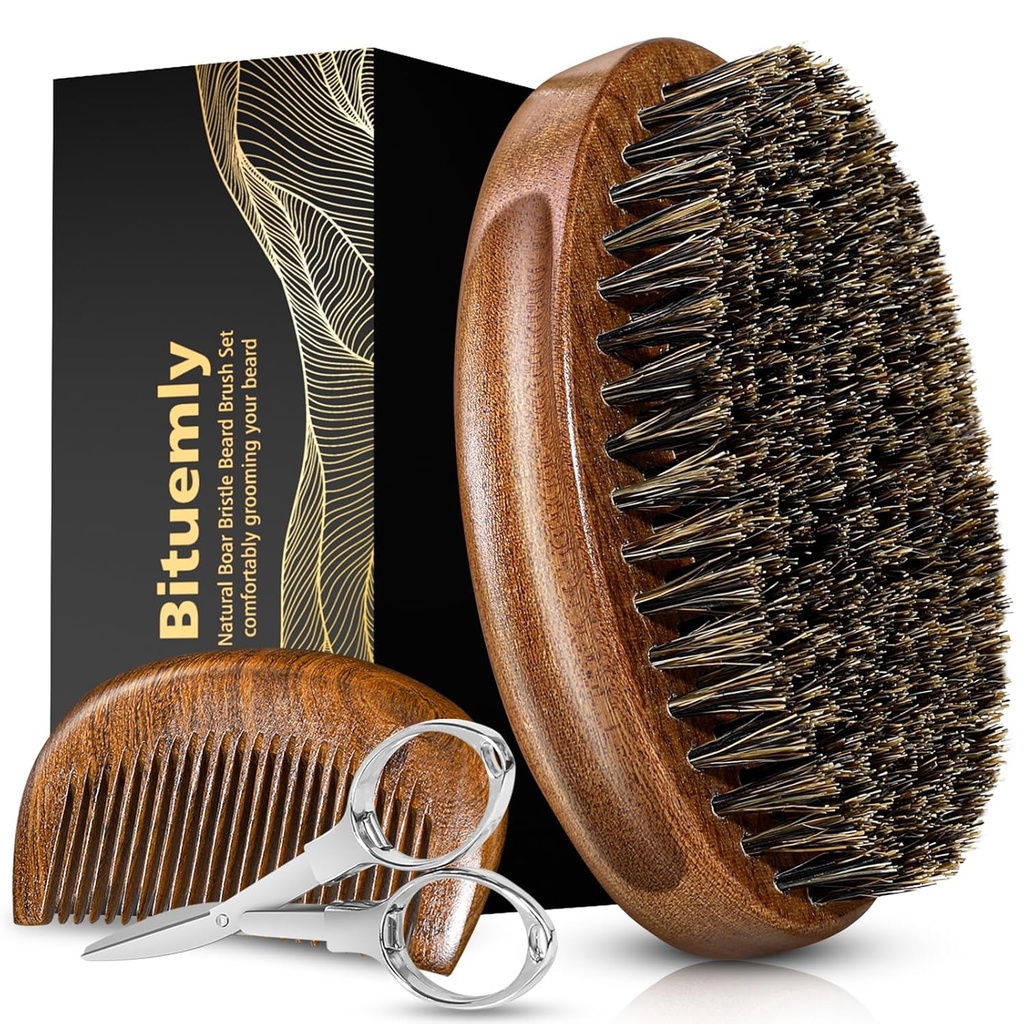 Beard Brush, Natural Boar Bristles Beard Brush for Men and Wooden Sandalwood Pocket Beard Comb Set, שיער הפנים Grooming Kit with Mustachesors as a Styling Tool, growth, Detangles, Shinee, Shine.