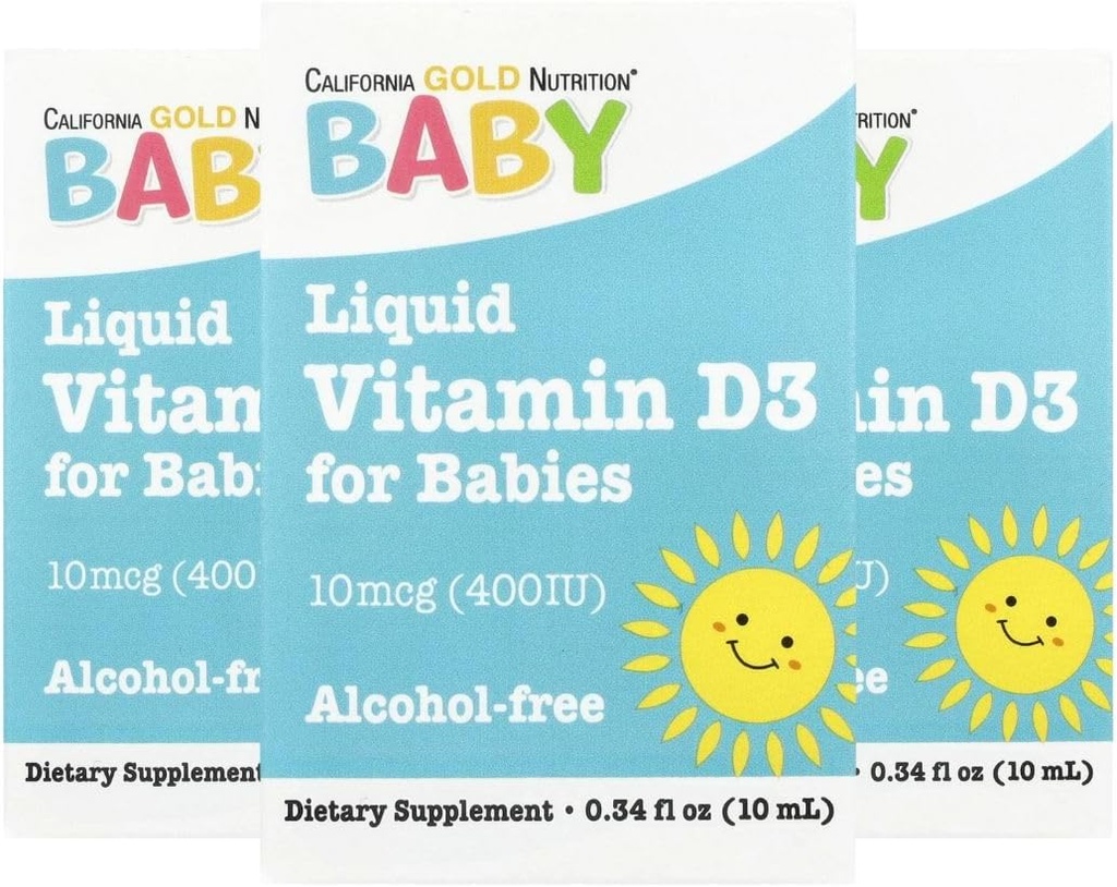 California Gold Nutrition Baby ויטמין D3 - נוזל D3 עבור תינוקות, Vegetarian Friendly - תמיכה התפתחותית - אלכוהול וגלוט חינם, non-GMO - 10 mcg (400 IU) - 0.34 oz (10 מ"ל), 3 מ"ל, 3