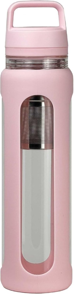 20oz Glass Water Bottle with Silicone Op, 600 מ"ל מאג עם 2 Tier Lid (Wide Mouth and Small Mouth Straight Drink) with Tea Leakבק - פעילויות יוגה בחוץ (Pink)