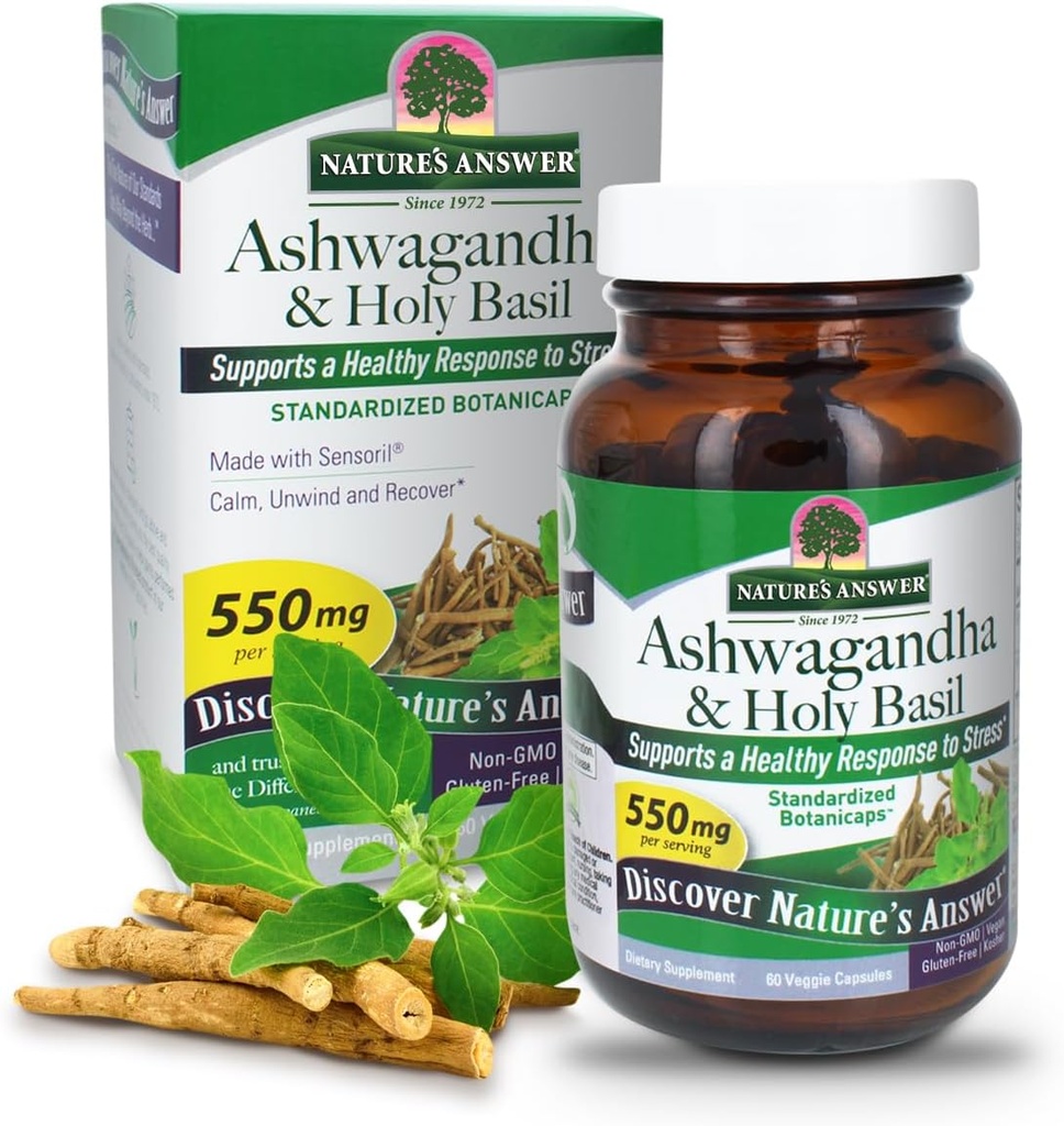 תשובתו של הטבע Ashwagandha Root עם הקדושים בזיל 60 קפסולות | תומך תגובה בריאה ללחץ* | Calm. להירגע ו- Unwind* | Gluten Free | Non-GMO | כשר | טבעוני | Vegetarian