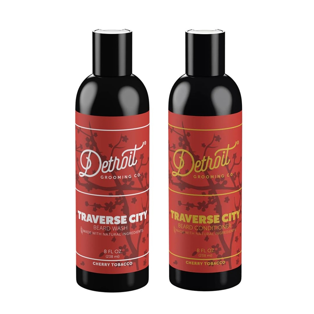 דטרויט Grooming Co. Beard Wash and Beard Conditioner - Men's Kit - Softens,Strengthens,Moisturize - Biotin-Infused w/Argan Oil, Apple Extract, Aloe Vera - Cherry Tobacco Scent - Traverse City - 8oz