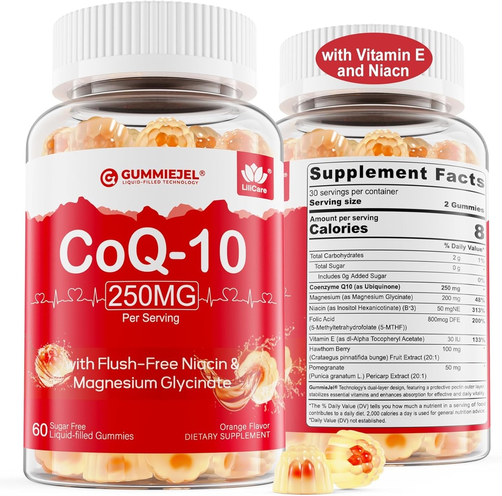 2 Pack - סוכר חינם CoQ10 מלא חניכיים 250MG, Coenzyme Q10 w / Magnesium Glycinate, Niacin No-Flush ויטמין B3, E & Folic Acid, High Absorption CoQ10 עבור Hear-t, Energy & Antioxidantantantantant
