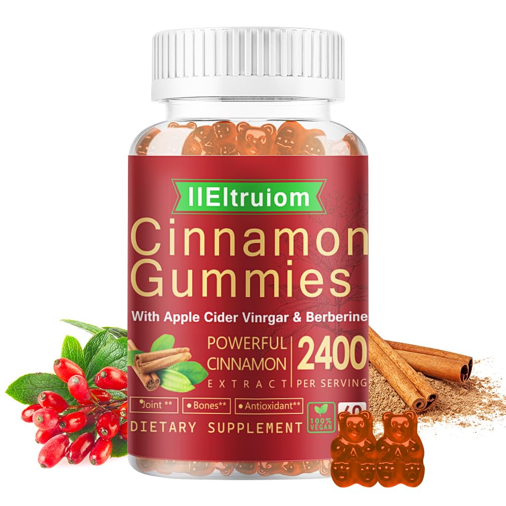 Ceylon Cinnamon Gummies, Ceylon Cinnamon 2400 מ"ג עם Berberine, Turmeric, Apple Cider Vinegar, Bitter Melon, Chromium - 60 Counts