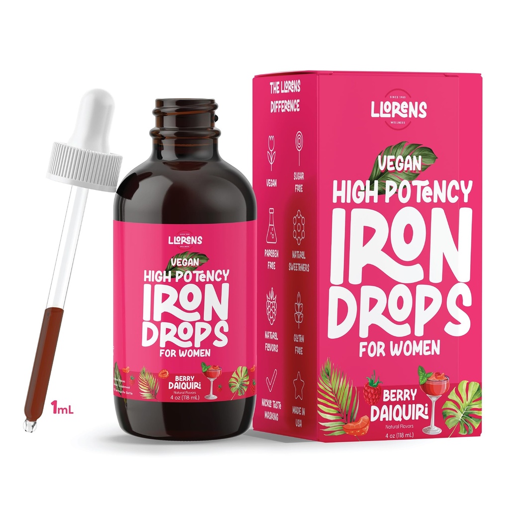 LLORENS PHARMACEICAL תוספת ברזל לנשים Iron Drops Daily Support, 20 מ"ג של Polysaccharide Complex Free Taste, Natural Sweeteners, and Paraben Free (Berry Daiquiri, 4 Fl Oz)