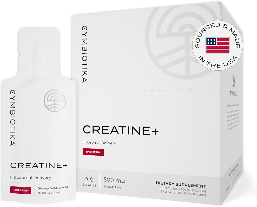 CYMBIOTIKA Creatine+, Creatine ו Glutamine תוספת עבור Amino Energy, Recovery, מסת שריר ותמיכה המוח, Liposomal Delivery, Gluten Free & Vegan, Raspberry Flavor - 30 מ"ל Pouches (Pack של 20)