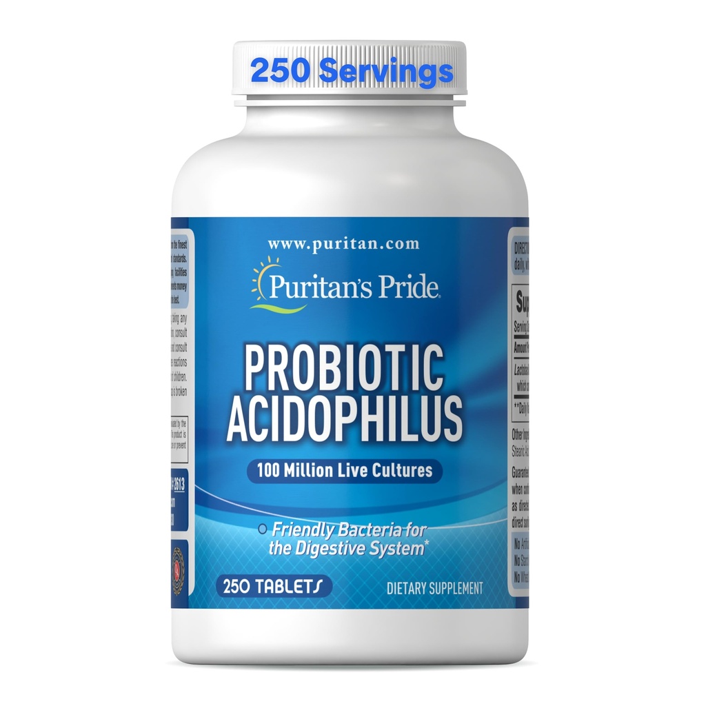 Puritan's Pride Daily Probiotic Acidophilus, 100 Million Live Cultures, Dietary Supplement for Digestive, Gut, and Immune Health, Soy, Sodium, and Gluten Free, 8 Month Supply, 250 Tablets