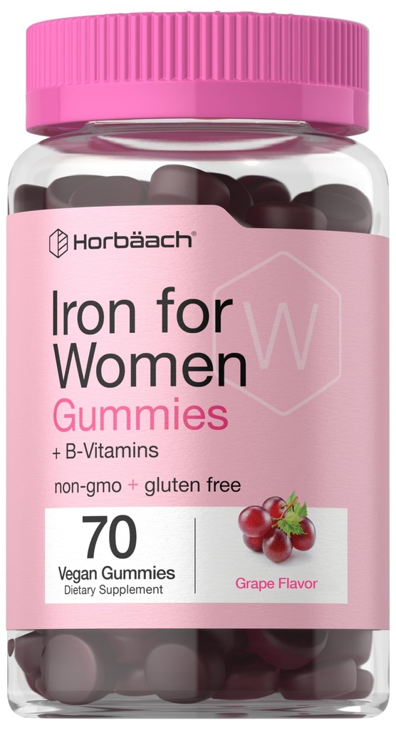 Horbäach Iron Gummies for Women | 70 Count | Grape Flavor | תוסף עם ויטמין B Folate ו- Zinc | טבעוני, Non-GMO & Gluten Free