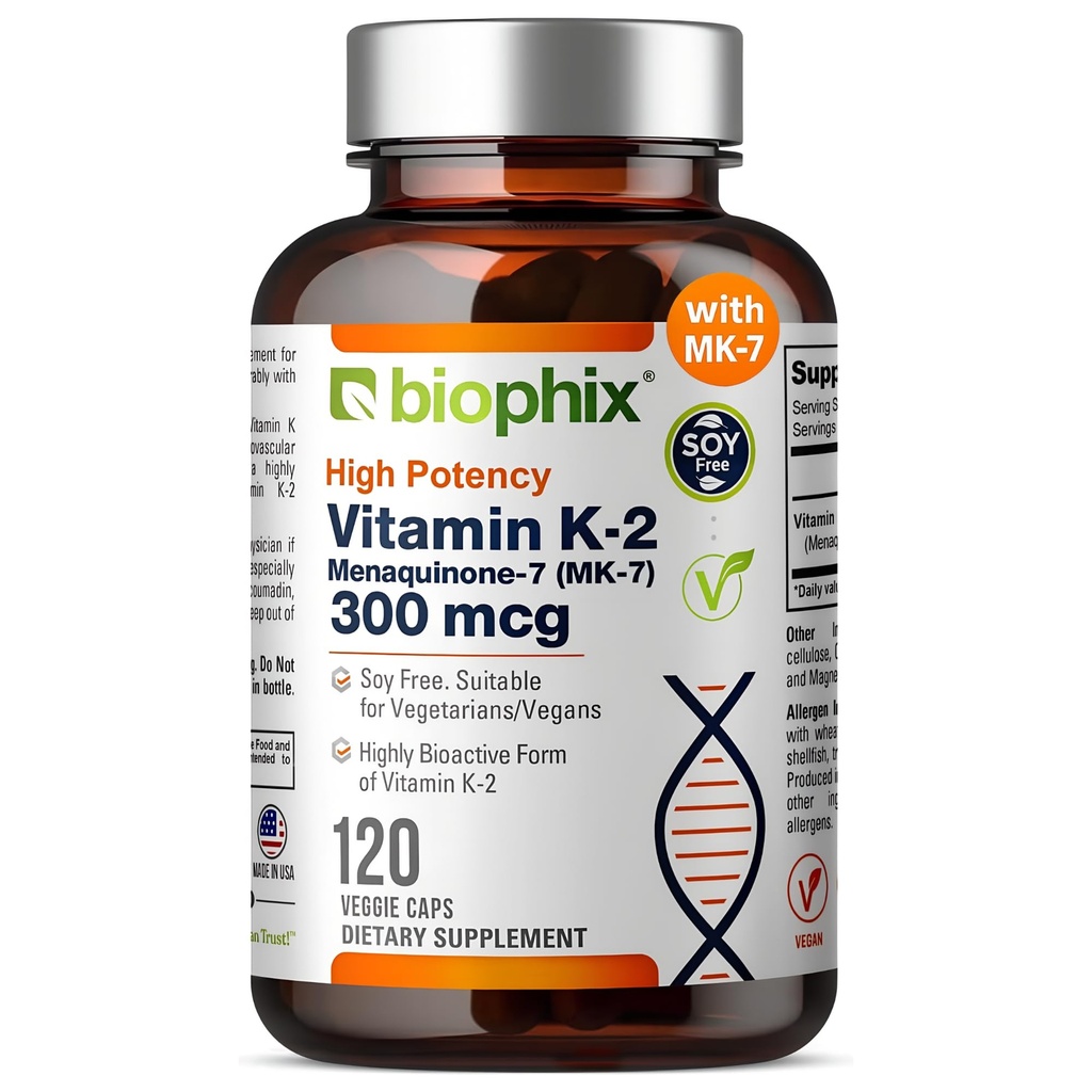 biophix ויטמין K2 MK-7 300mcg, 120 קפסולות טבעוניות - תוספת גבוהה לחוזק העצם ולבריאות החיסון