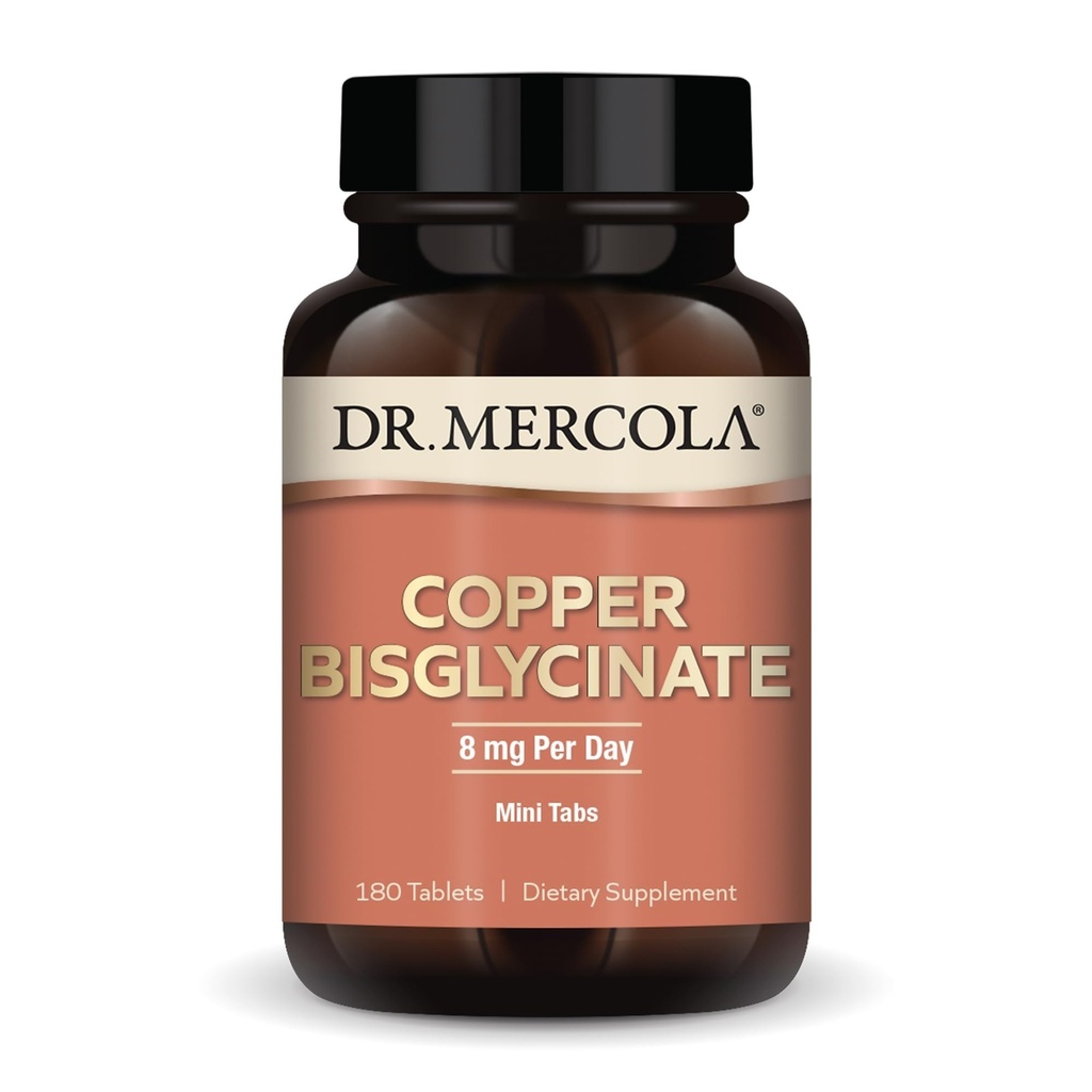 Dr. Mercola Copper Bisglycinate - Supports Cellular Health - Bioavailable Chelated Mineral - Essential Trace Element - Mini Tablets - 90-Day Supply - 180 Tablets