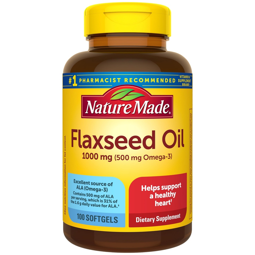 Nature Made Flaxseed Oil 1000 מ"ג, דגים חינם אומגה 3, תוספת תזונתית לתמיכה בבריאות הלב, 100 Softgels, 100 יום אספקה
