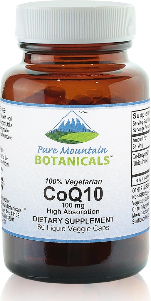 Pure Mountain Botanicals Coq10 100mg Softgels - 60 Vegan Kosher Capsules with Ubiqunone Coenzyme Q10 Supplement
