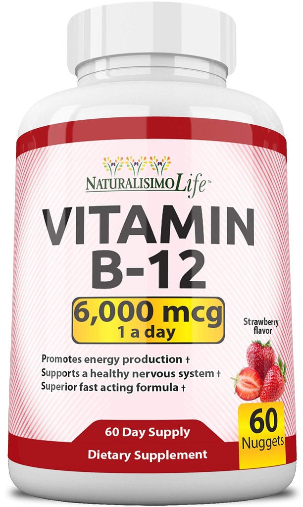 NaturalisimoLife ויטמין B12 6,000 mcg - Quick Dissolve Strawberry Flavor Nuggets - 60 Nuggets, Non-GMO, טבעוני, Gluten Free