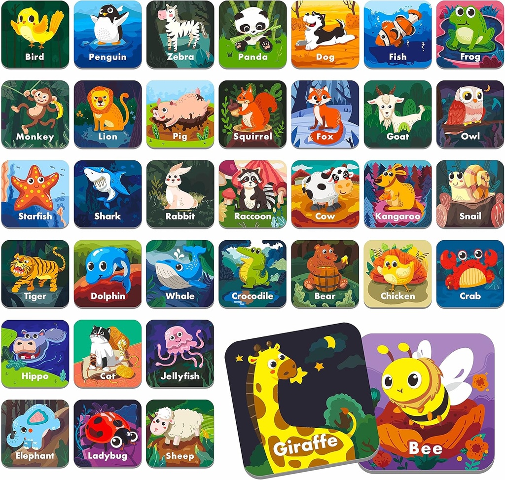 Hebayy 36 Pair Animal Matching Memory Game Flash Cards for Toddlers, Preschool, Kindergarten and Home. Erasable, Fun & Fast, Travel Friendly, Skill Building. גודל 2" x 2"(5 x 5 ס"מ)