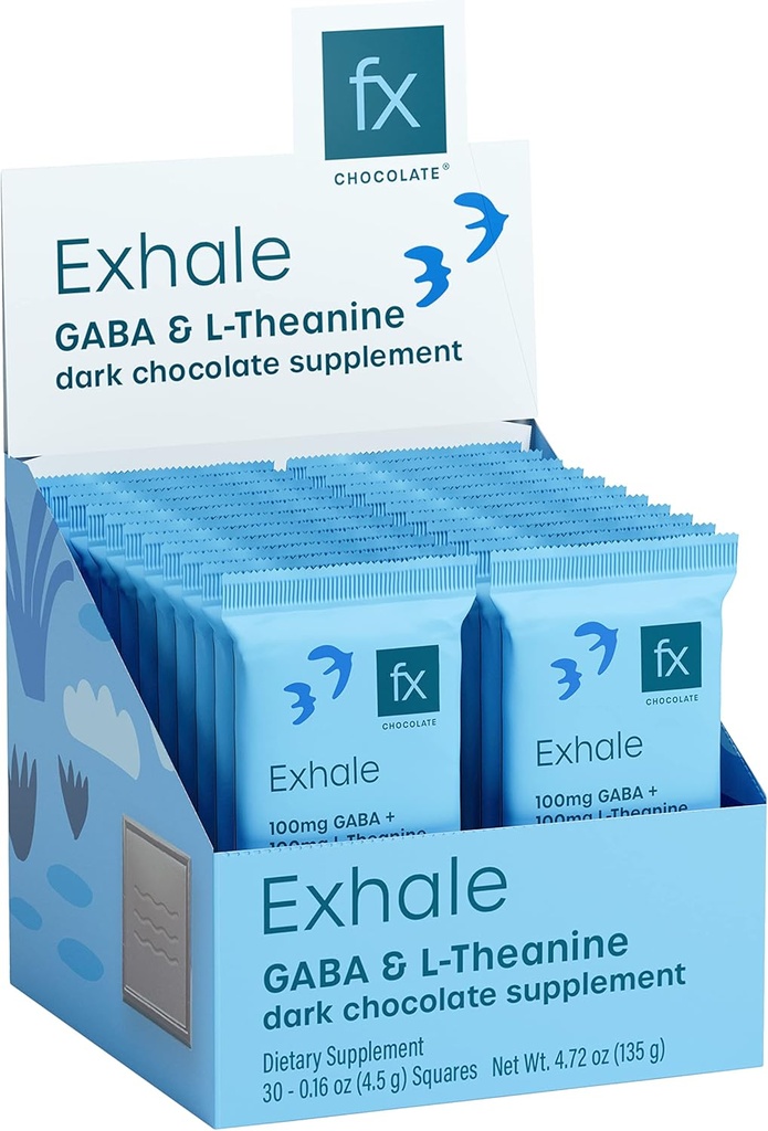 Fx שוקולד Exhale - מרגיע שוקולד תוספת לתמיכה Calm + מתח תגובה - סוכר חינם Cacao עם 100 מ"ג GABA + 100 מ"ג L-theanine - שוקולד Keto Dark - טבעוני + Non-GMO (30 חתיכות)