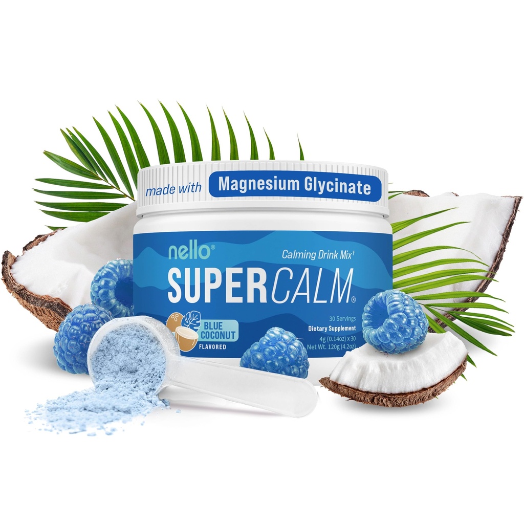 Nello Supercalm אבקת שתייה Mix, Blue קוקוס, L Theanine, Ksm-66 Ashwagandha, Magnesium Glycinate, ויטמין D 3, תוספי מזון עבור מרגיעה ו Focus, No Sugar, non GMO, On The Go, 30 Srvgs