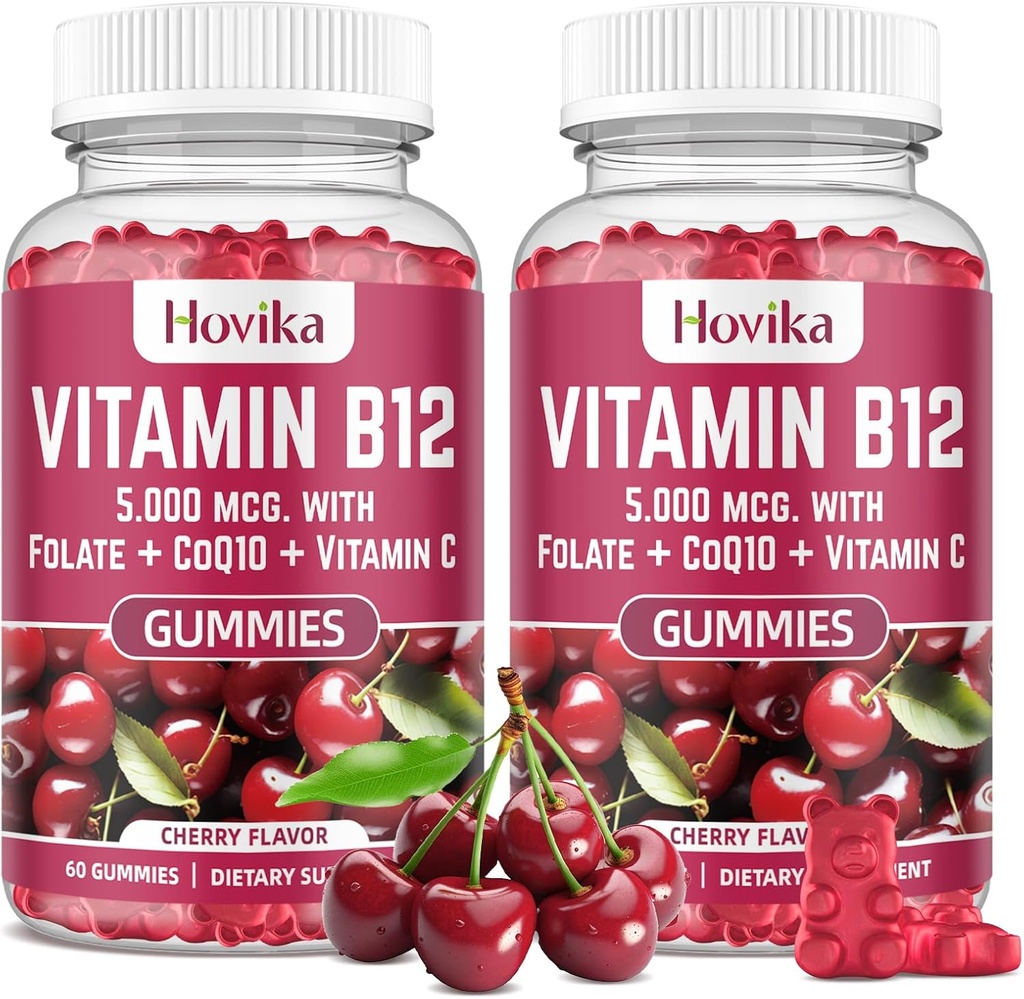 ויטמין B12 מורכב 5000 mcg Methyl B12, Adenosyl B12 & Hydroxy B12, עם Coenzyme Q10, Folate, ויטמין C, Chewable B 12 לתמיכה באנרגיה, Metabolism, Bone Health - Cherry Flavor, 2 Pack