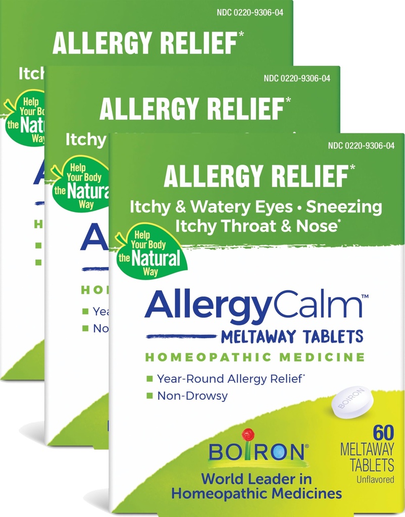 Boiron AllergyCalm Tablet 180 Count, הקלה מאלרגיות ו- Hay Fever הסימפטומים של Sneezing, Runny Nose, and Itchy Eyes orגרון, Allergy Calm Tabs (Formerly RhinAllergy) (Pack of 3 60ct Boxes)