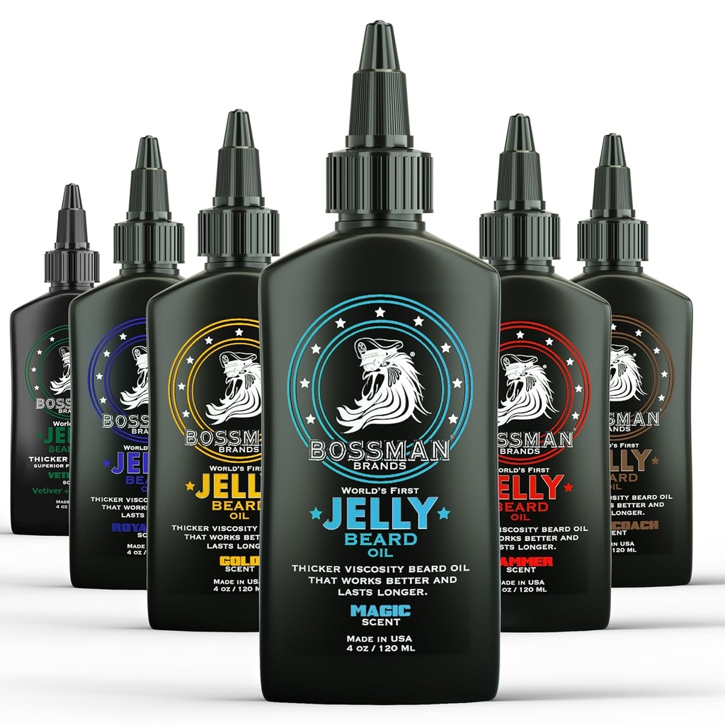 בוסמן ג'ולי בירד שמן Variety Pack - Beard Grooming Care and growth Kit - All 6 Beard Jelly Oil Scents - Made in USA