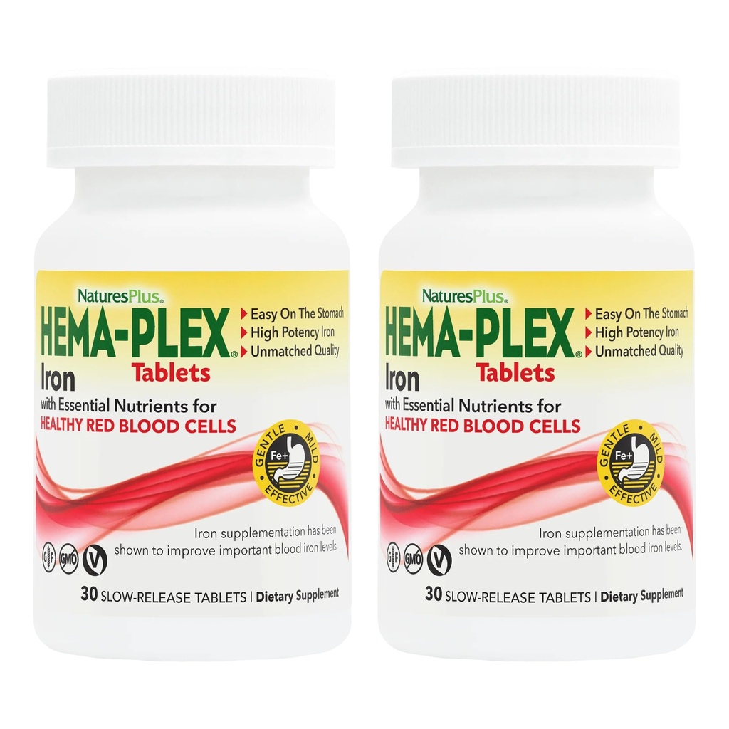 NaturesPlus Hema-Plex Iron - 30 טבליות איטיות-Release, Pack of 2 - Total Blood Health - 85 מ"ג צ'אד הברזל - עם ויטמין C & Bioflavonoids - Non GMO, Vegetarian & Gluten חינם - 60 המשרתים Total Servers