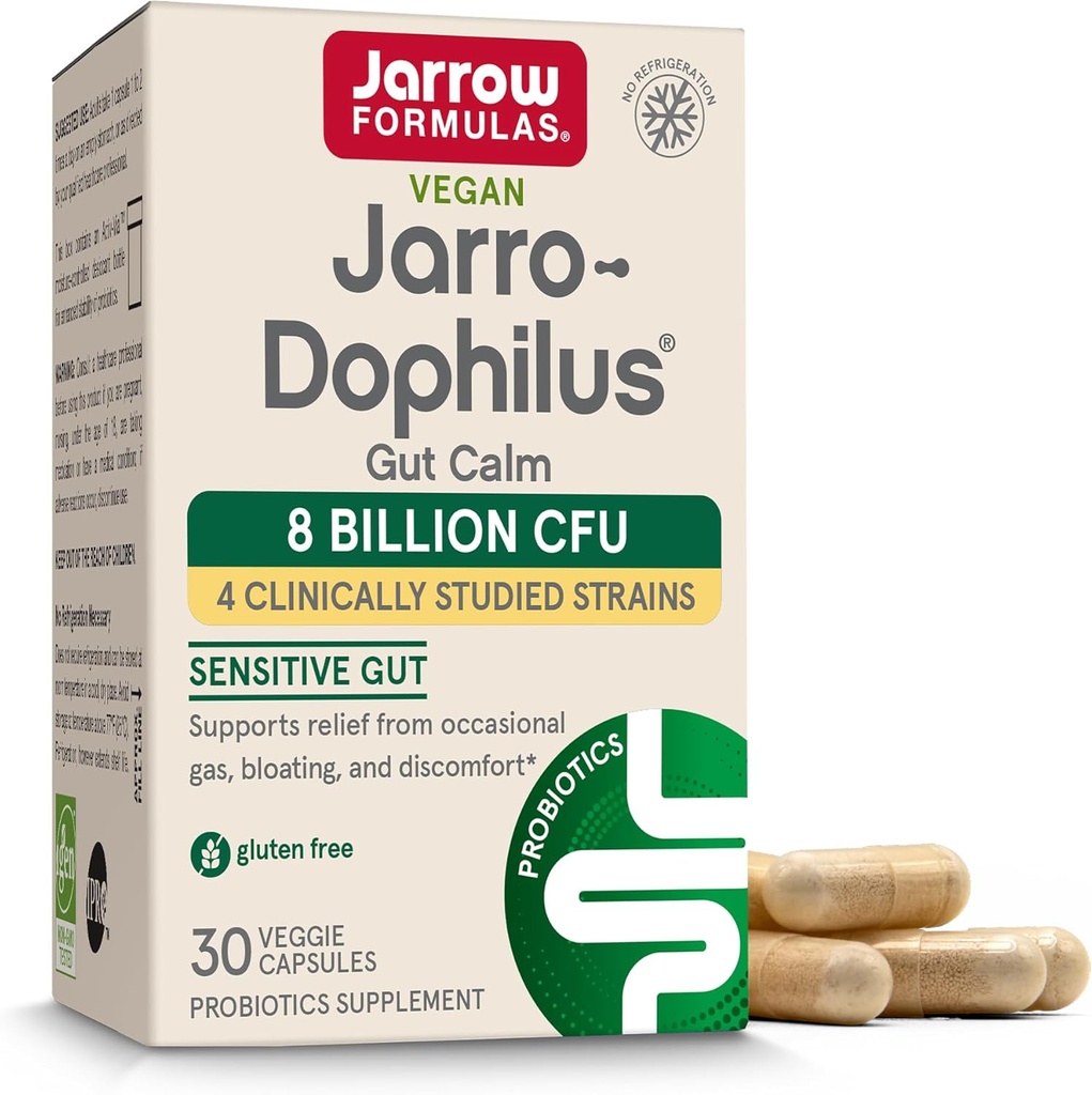 Jarrow Formulas® Jarro-Dophilus ® Gut Calm Probiotic, 8 מיליארד CFU תוספת לבריאות העיכול, 30 קפסולות שחרור נדחה, 30 יום אספקה