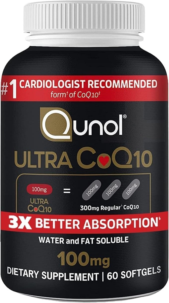 Qunol Ultra CoQ10 100 מ"ג 3X Better Absorption פטנט מים ושומן Soluble Natural תוסף Coenzyme Q10 Antioxidant for Heart Packs Softgels, הרוזן 120