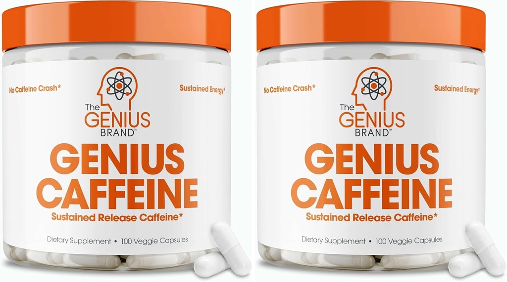 Genius Caffeine Pills 100mg, Extended-Release Microencapsulated Caffeine Pills - All-Natural non-Crash Sustained Energy, Focus & Concentration תוסף - Nootropic Brain Booster - 100 קפסולות