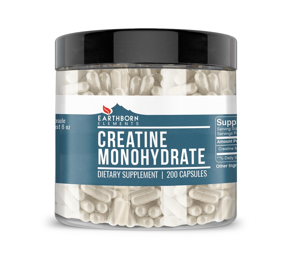 Earthborn Elements Creatine Monohydrate 200 קפסולות, Pure & Undiluted, ללא תוספת