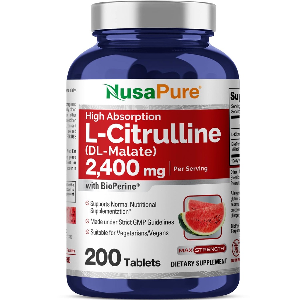NusaPure L-Citrulline 2,400 מ"ג 200 טבליות צמחוניות (Non-GMO, Gluten Free, 100 ימים אספקה, Bioperine)